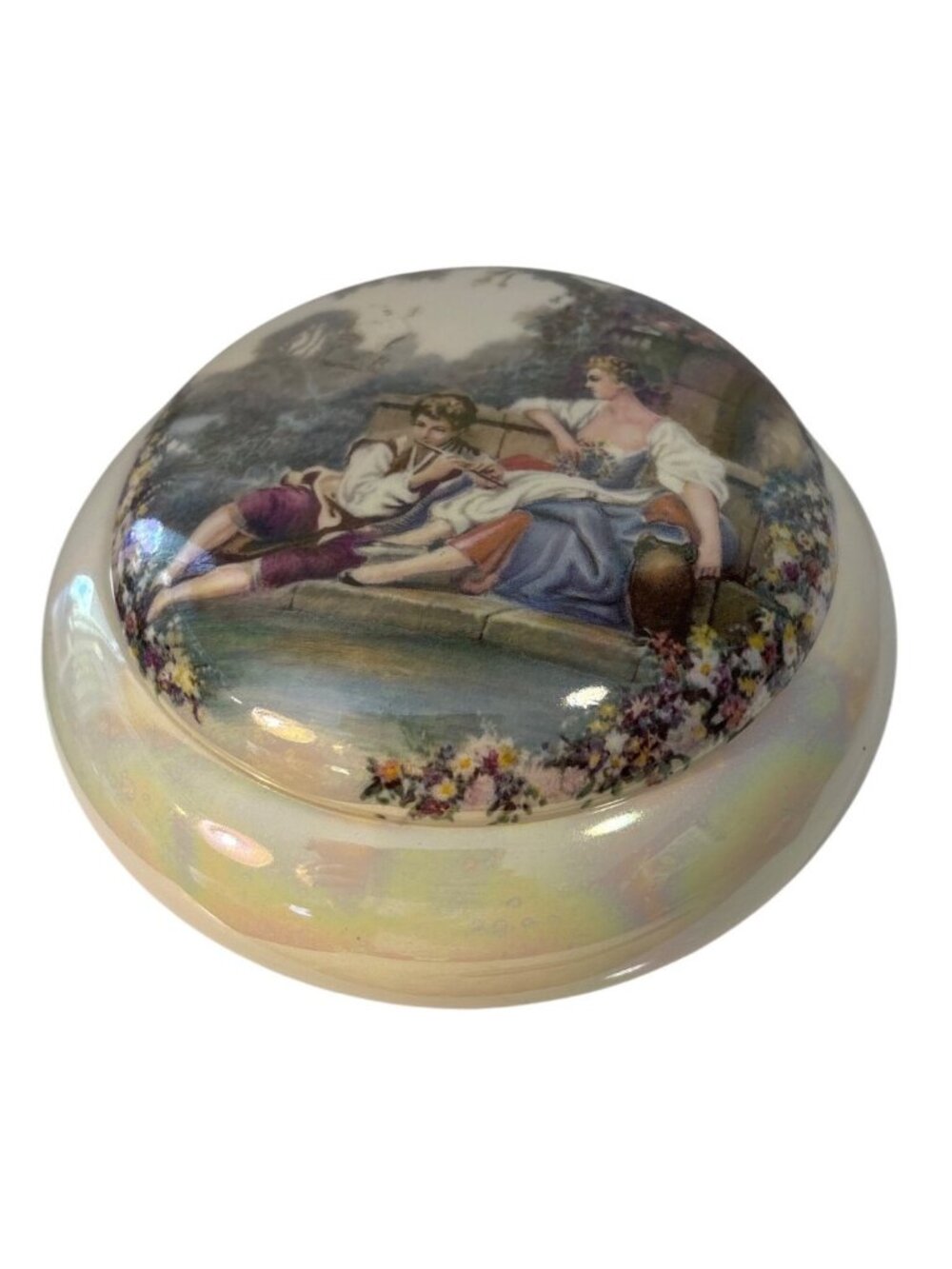 Vintage Porcelain Lidded Trinket Dish Romantic Scene Design Rainbow Irridescent